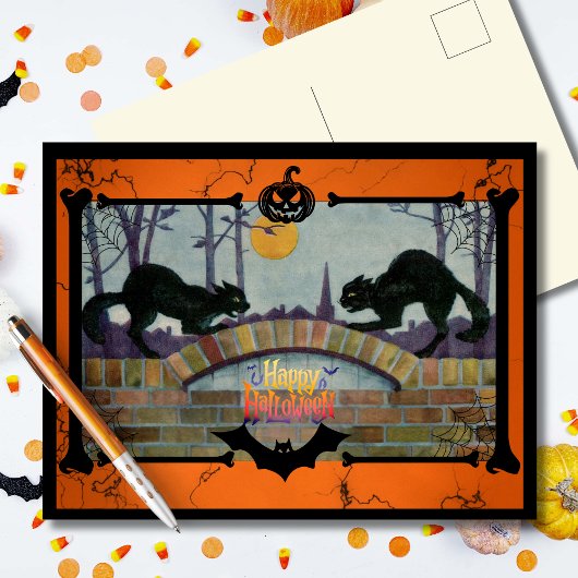 Oude Halloween Zwarte Katten Feestdagenkaart