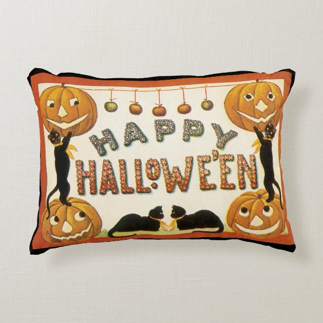 Oude Halloween, Zwarte Katten met Jackolanterns Accent Kussen (Voorkant)