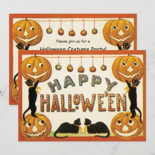 Oude Halloween, Zwarte Katten met Jackolanterns Kaart
