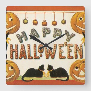 Oude Halloween, Zwarte Katten met Jackolanterns Vierkante Klok
