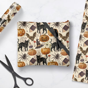 Oude Halloween Zwarte Katten & Pompoenen Cadeaupapier