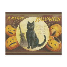 Oude Halloweenansichtkaart met pompoenen en kat