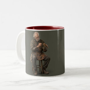 Oude handen tweekleurige koffiemok
