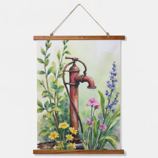Oude handwaterpomp aquarel tuin hangend wandkleed