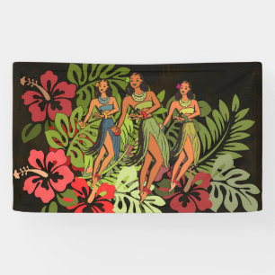 Oude Hawaï Hula Dansers Retro Tiki Palm Boom Spandoek