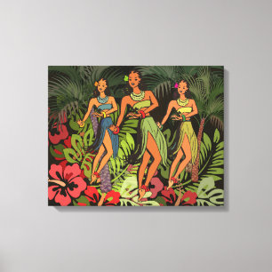 Oude Hawaï Hula Dansers Retro Tiki Palmboom Canvas Afdruk
