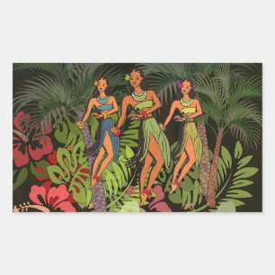 Oude Hawaï Hula Dansers Retro Tiki Palmboom Rechthoekige Sticker