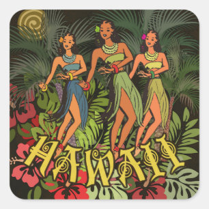 Oude Hawaï Hula Dansers Retro Tiki Palmboom Vierkante Sticker
