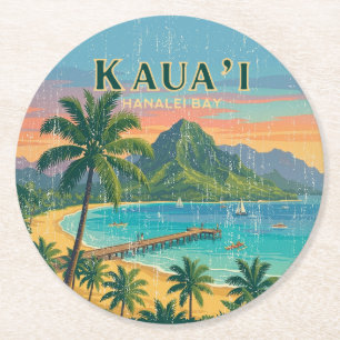 Oude Hawaiaanse Reisposters - Kauai Ronde Kartonnen Onderzetter
