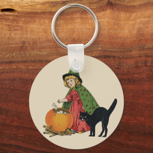 Oude heks en kat met Halloween, Ellen Clapsaddle Sleutelhanger (Achterkant)