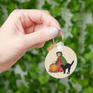 Oude heks en kat voor Halloween, Ellen Clapsaddle Sleutelhanger