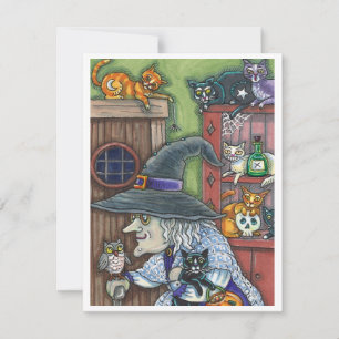 OUDE HEKS GELUKKIG HUIS, VEEL KATTEN & UIL HALLOWE FEESTDAGENKAART