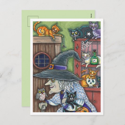 OUDE HEKS GELUKKIG HUIS, VEEL KATTEN & UIL HALLOWE FEESTDAGENKAART (Voorkant / Achterkant)