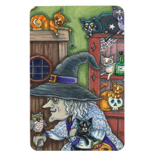 OUDE HEKS GELUKKIG HUIS, VEEL KATTEN & UIL HALLOWE MAGNEET