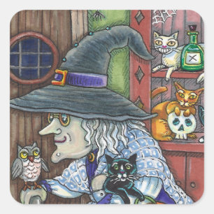 OUDE HEKS GELUKKIG HUIS, VEEL KATTEN & UIL HALLOWE VIERKANTE STICKER