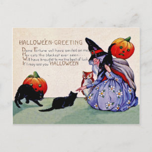 Oude heks met pompoenen en zwarte katten, vintage briefkaart