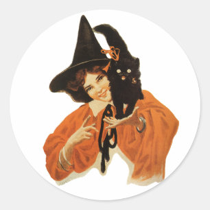 Oude heks met zwarte kat op schouder ronde sticker