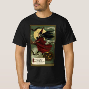 Oude heks op bezemsteel met kat Halloween T-shirt
