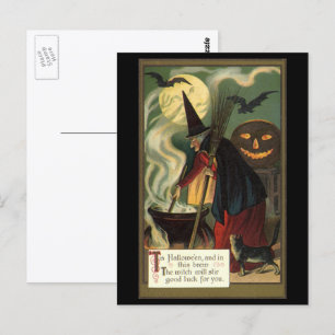 Oude heks roert magische ketel op Halloween Briefkaart