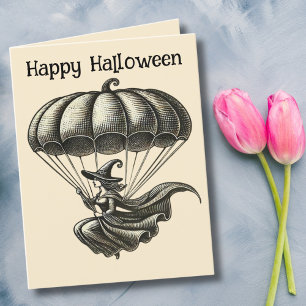 Oude Heks Vliegende Pompoen Valparachute Halloween Feestdagen Kaart