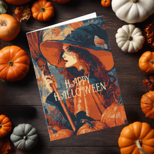 Oude heksenbezem pompoen elegante Halloween Kaart