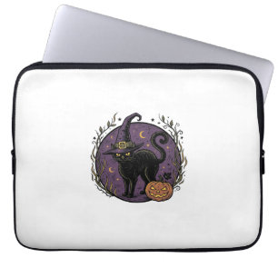 Oude Heksenkat Halloween Vector T-shirt Ontwerp_1 Laptop Sleeve