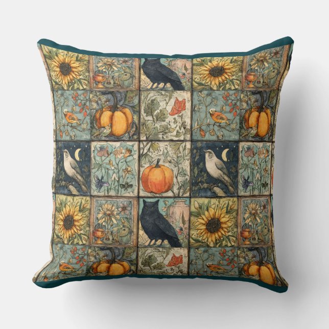 Oude herfst patchwork uitziende pompoen uil bloem kussen (Voorkant)