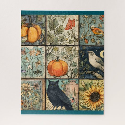 Oude herfst patchwork uitziende pompoen uil bloem legpuzzel (Verticaal)