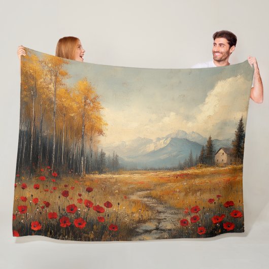 Oude herfstweide-schildering klaprozen fleece deken (In situ)