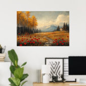 Oude herfstweide-schildering klaprozen poster (Thuiskantoor)
