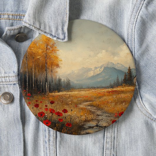 Oude herfstweide-schildering klaprozen ronde button 6,0 cm (In situ)