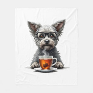 Oude hond die thee vasthoudt met bril Retro huisdi Fleece Deken