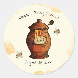 Oude honingpot honingbij baby shower uitnodiging ronde sticker