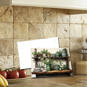 Oude houten keukenplank groene witte borden briefkaart