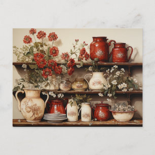 Oude Houten Keukenplank Rode Witte Bloemen Briefkaart