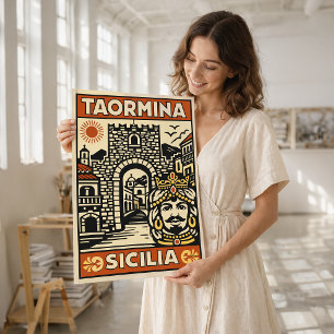 Oude Houtsnede Taormina Sicilië Poster