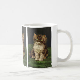 Oude huisdieren, knappe gestreepte lapjeskat kitte koffiemok