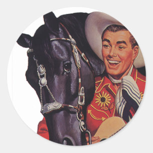 Oude humor, cowboy zingt muziek voor zijn paard ronde sticker
