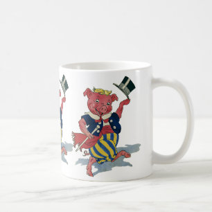 Oude humor, schattige blije dansende varken danst koffiemok