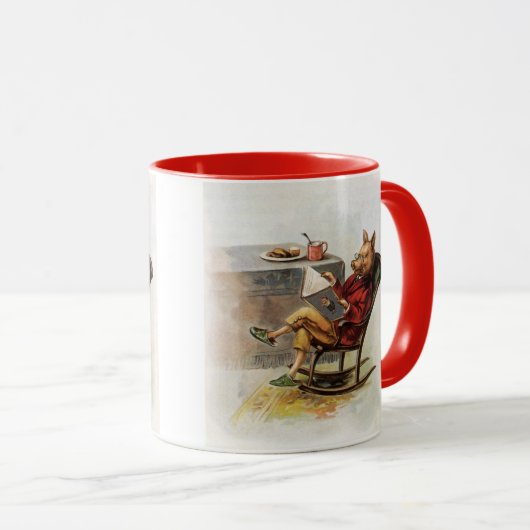 Oude humor, varken in schommelstoel leest een boek mok (Voorkant rechts)