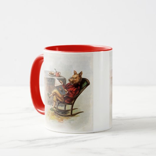 Oude humor, varken in schommelstoel leest een boek mok (Voorkant links)