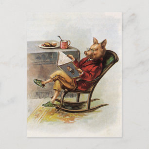 Oude humor, varken in schommelstoel lezend boek briefkaart