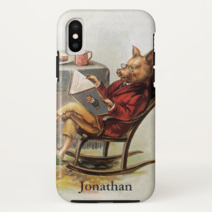 Oude humor, varken in schommelstoel lezend boek iPhone x hoesje