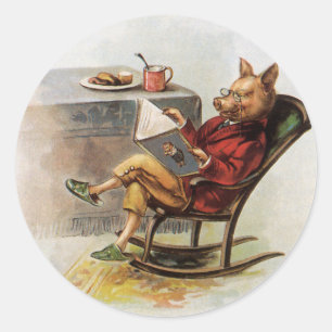 Oude humor, varken in schommelstoel lezend boek ronde sticker