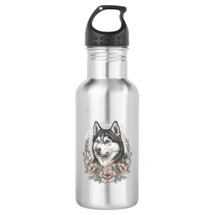 Oude Husky Bloemportret Shirt Ontwerp_1 Waterfles