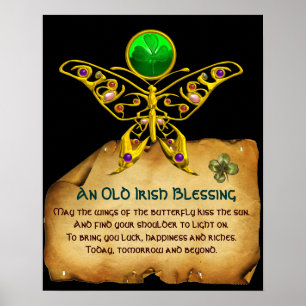 Oude Ierse Zegen Pergament met Gouden Vlinder Poster
