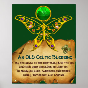 Oude Ierse Zegen Pergament met Gouden Vlinder Poster