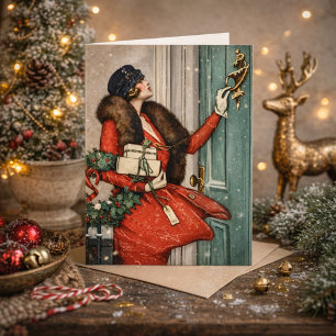 Oude illustratie van Kerstmis op de stoep Kaart