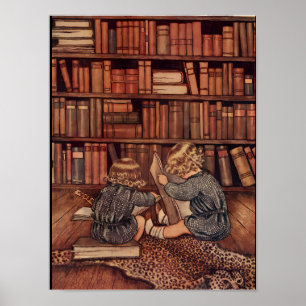 Oude illustratie van kinderen die in bibliotheek l poster