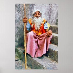 Oude Indiase man met staf Poster